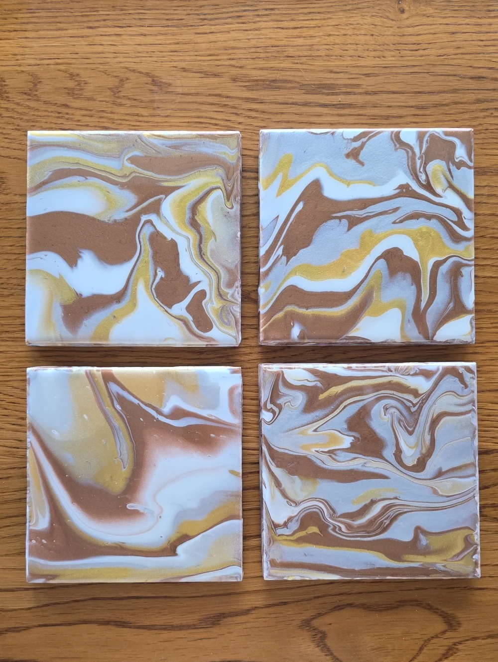 Hand Crafted Marble Coaster Set in White, Gold, and Brown